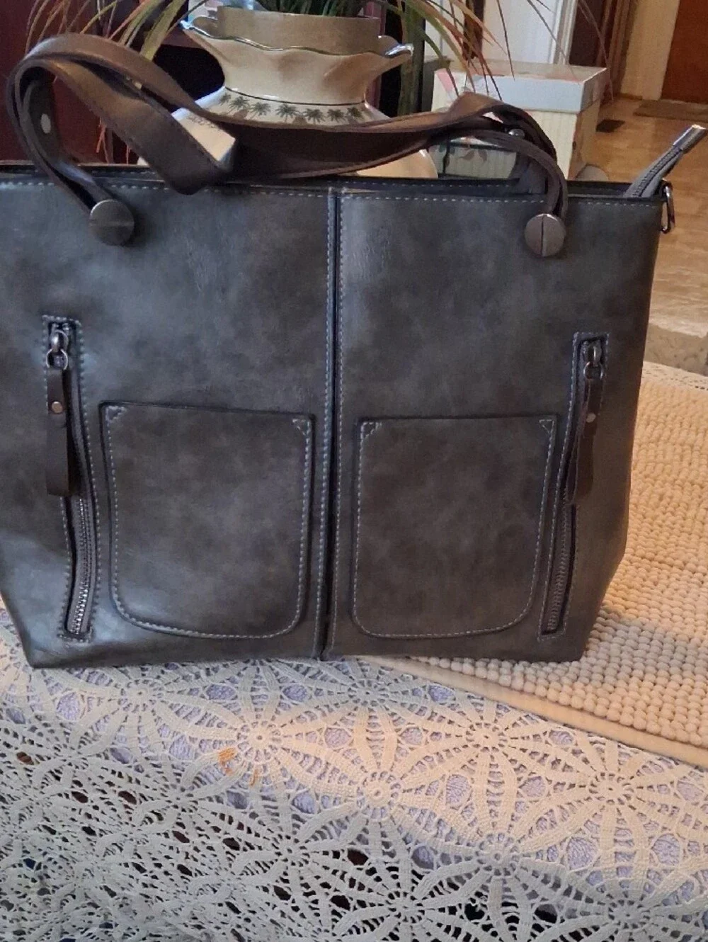 Professional Gray Faux-Leather Laptop Tote Bag with Dual Front Pockets
